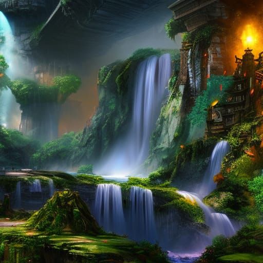 Fantastical Waterfall City Concept Art