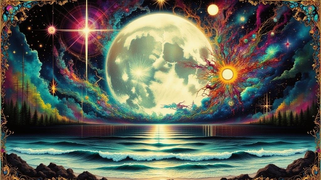 Glitched Full Moon Dreamscape in Botanical Illustration Styl...