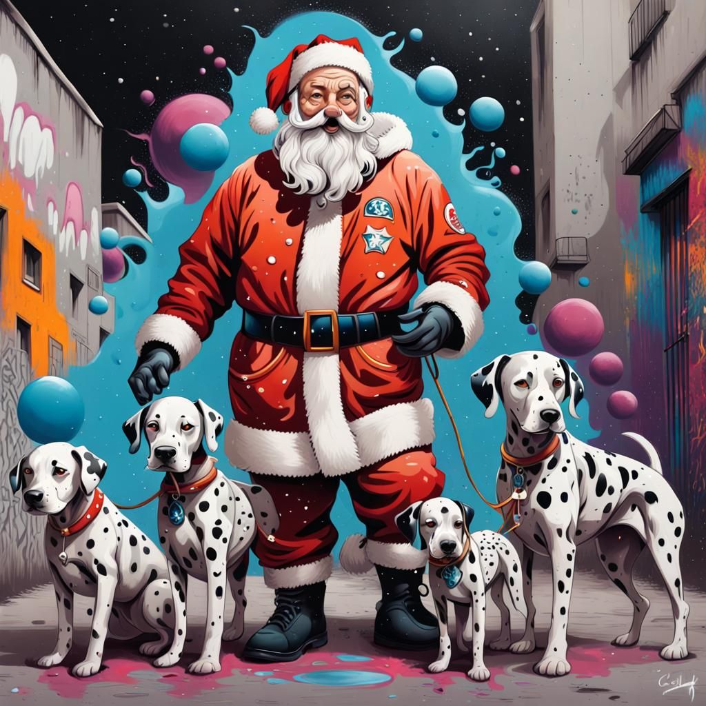 Space Santa and Dalmatians in Graffiti Art Style