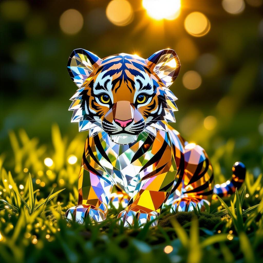 Gemstone Crystal Tiger Cub Refracting Jungle Sunlight