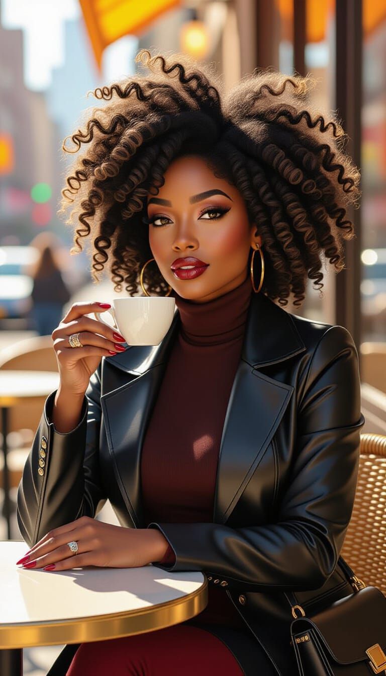 African American Woman in NYC Cafe, Impasto Painting