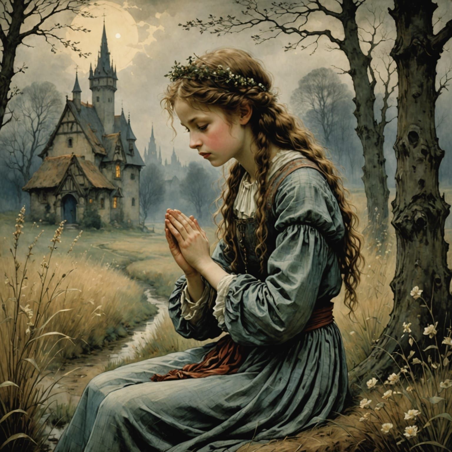 A Young Girl in Prayerful Contemplation in a Whimsical Fairy...