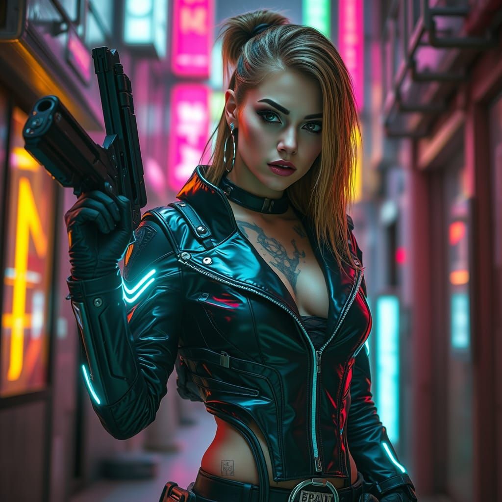 Cyberpunk Bounty Hunter in Neon Alley, Digital Art