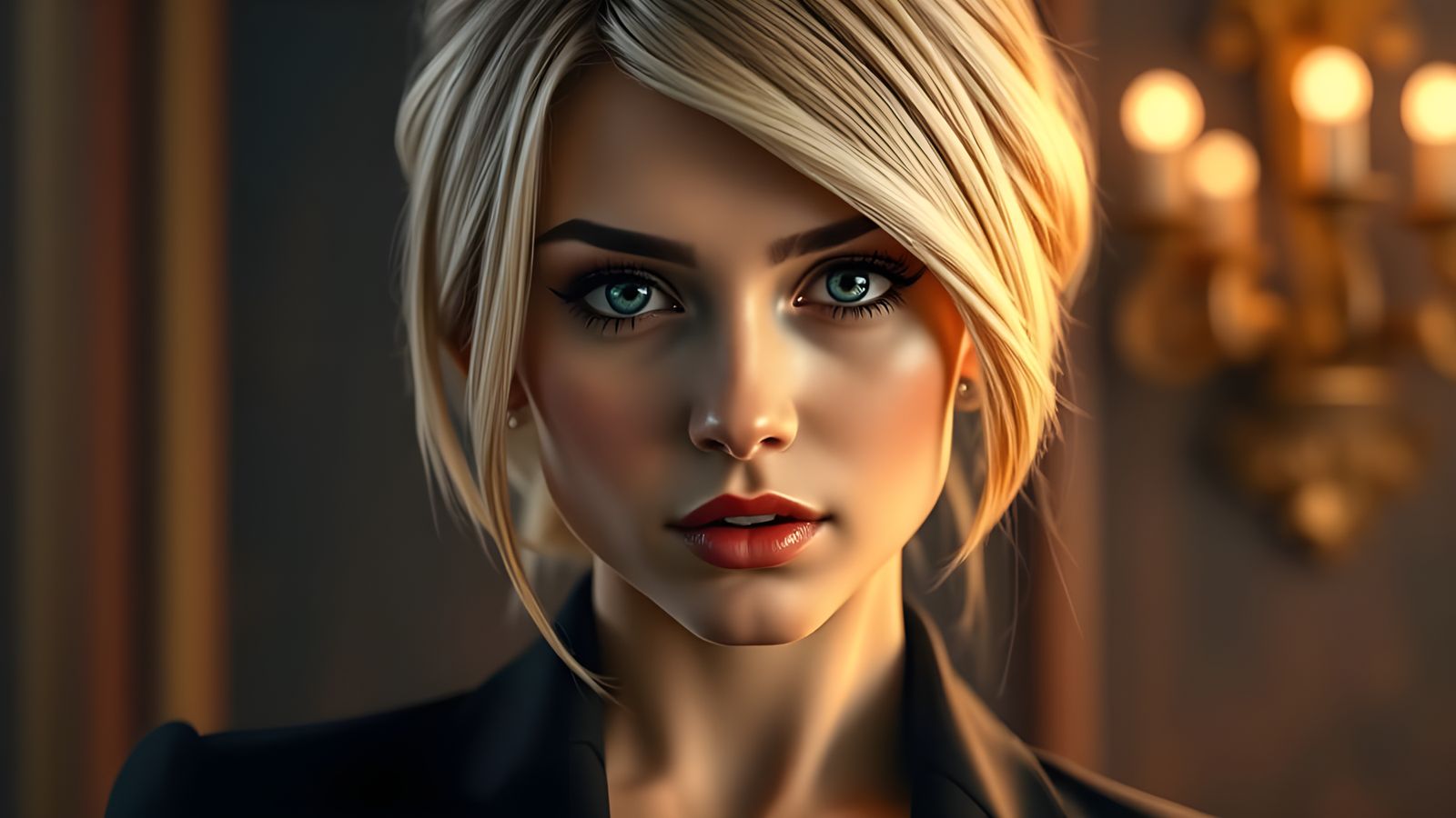 Hyperrealistic European Woman Portrait in Black Suit
