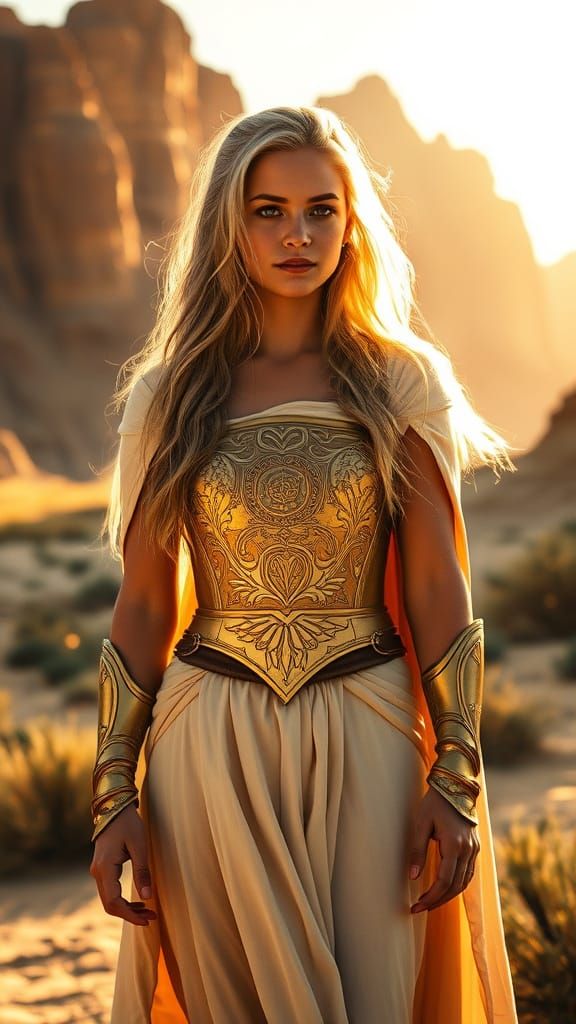 Golden Desert Warrior in Radiant Fantasy Landscape