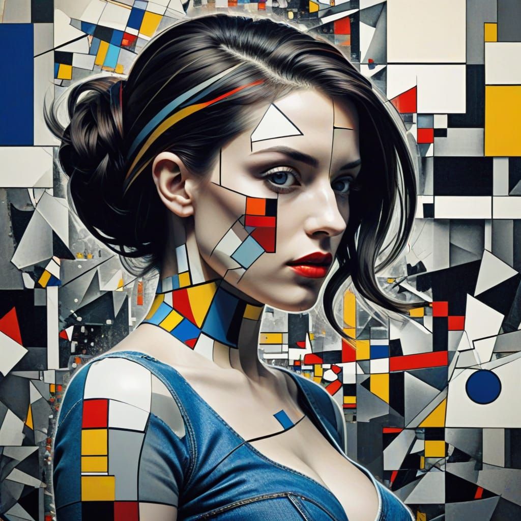 Cubist Glitch Art Pin-Up with Geometric Fragmentation