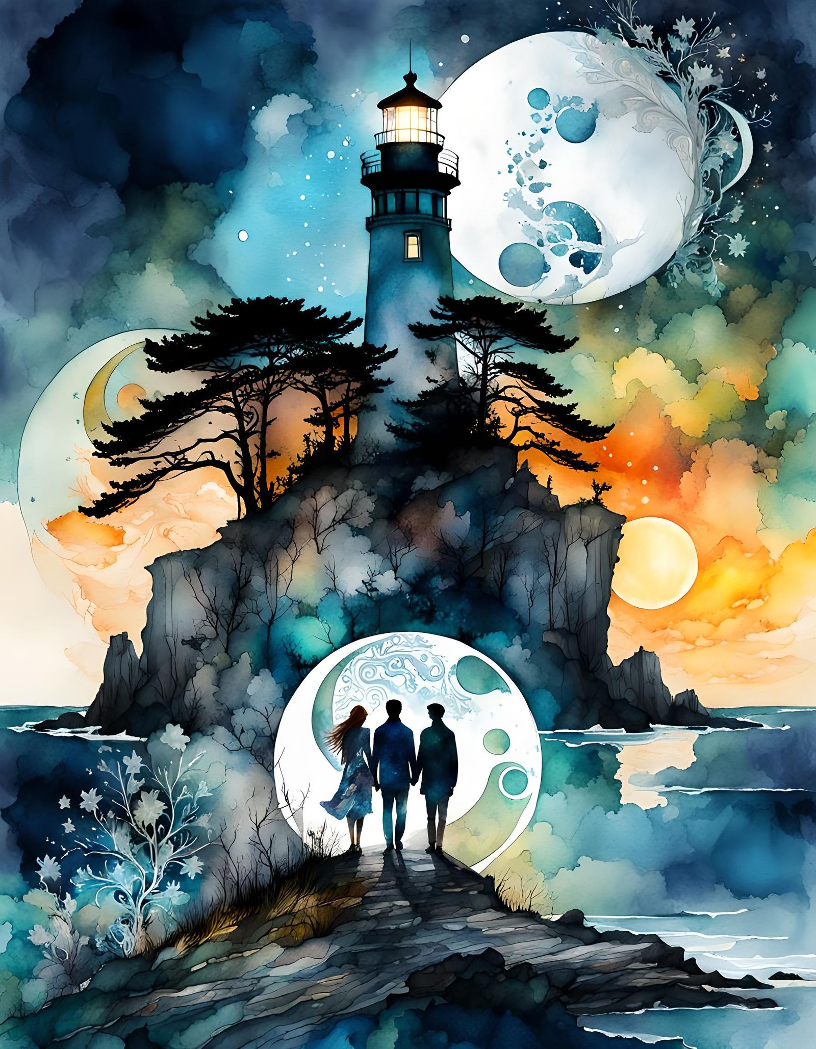 Fantasy Siblings Under Yin-Yang Moon, Watercolor Art