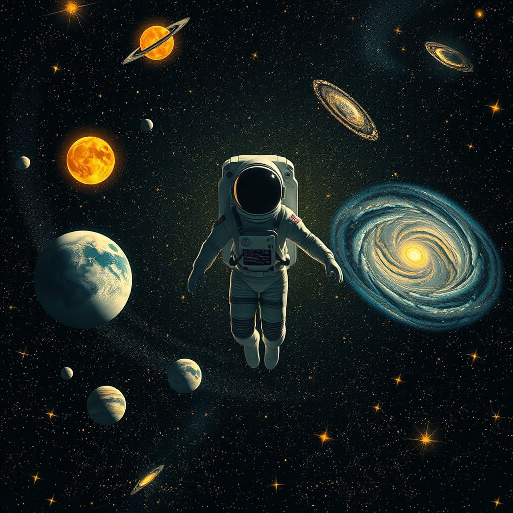 Astronaut Among Shimmering Stars and Distant Galaxies