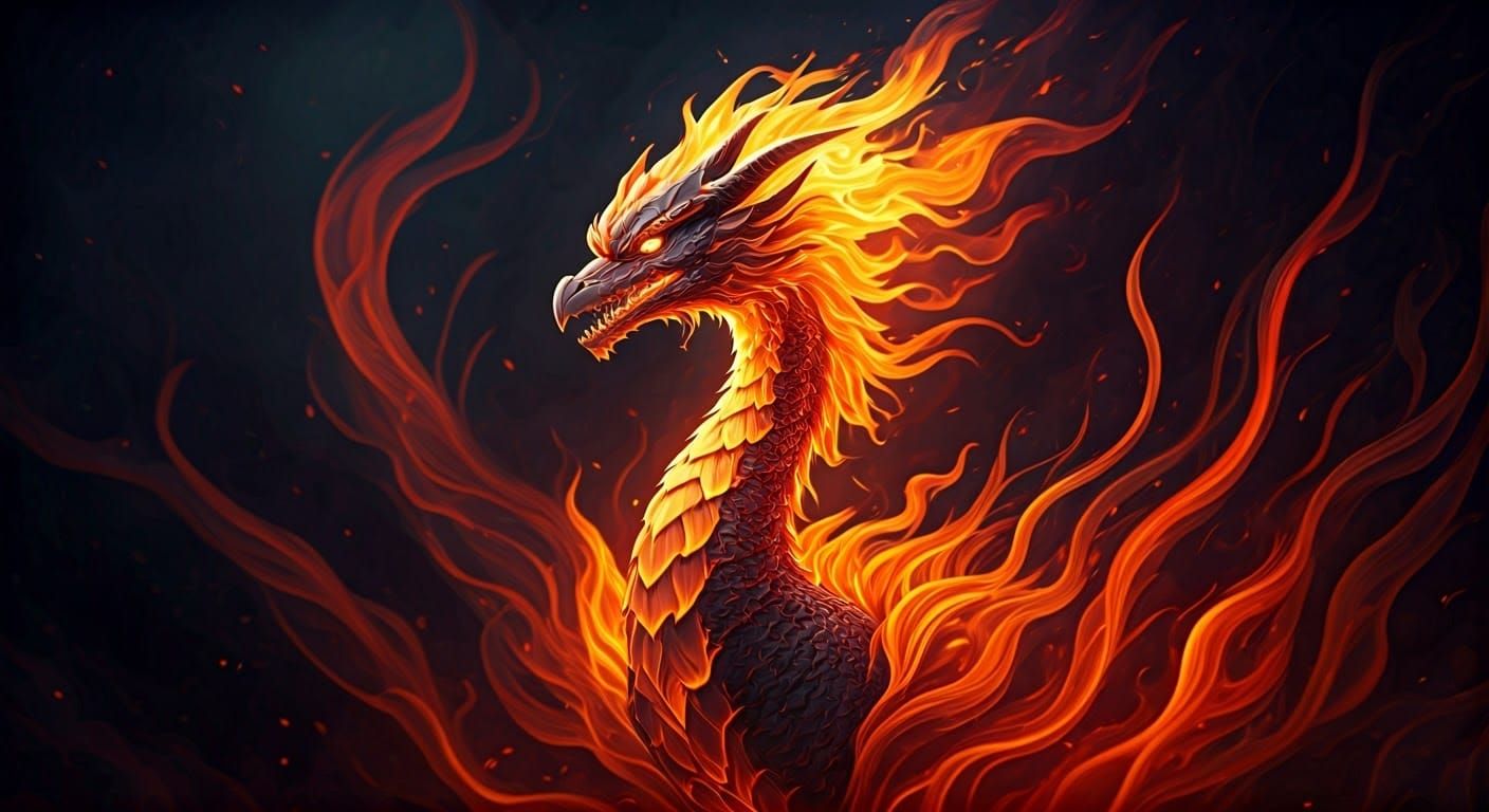 Fiery Dragon-Phoenix with Swirling Flames