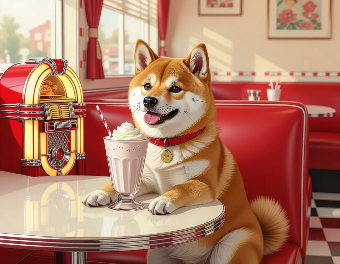 Shiba Inu in Diner, Ultrarealistic Painting