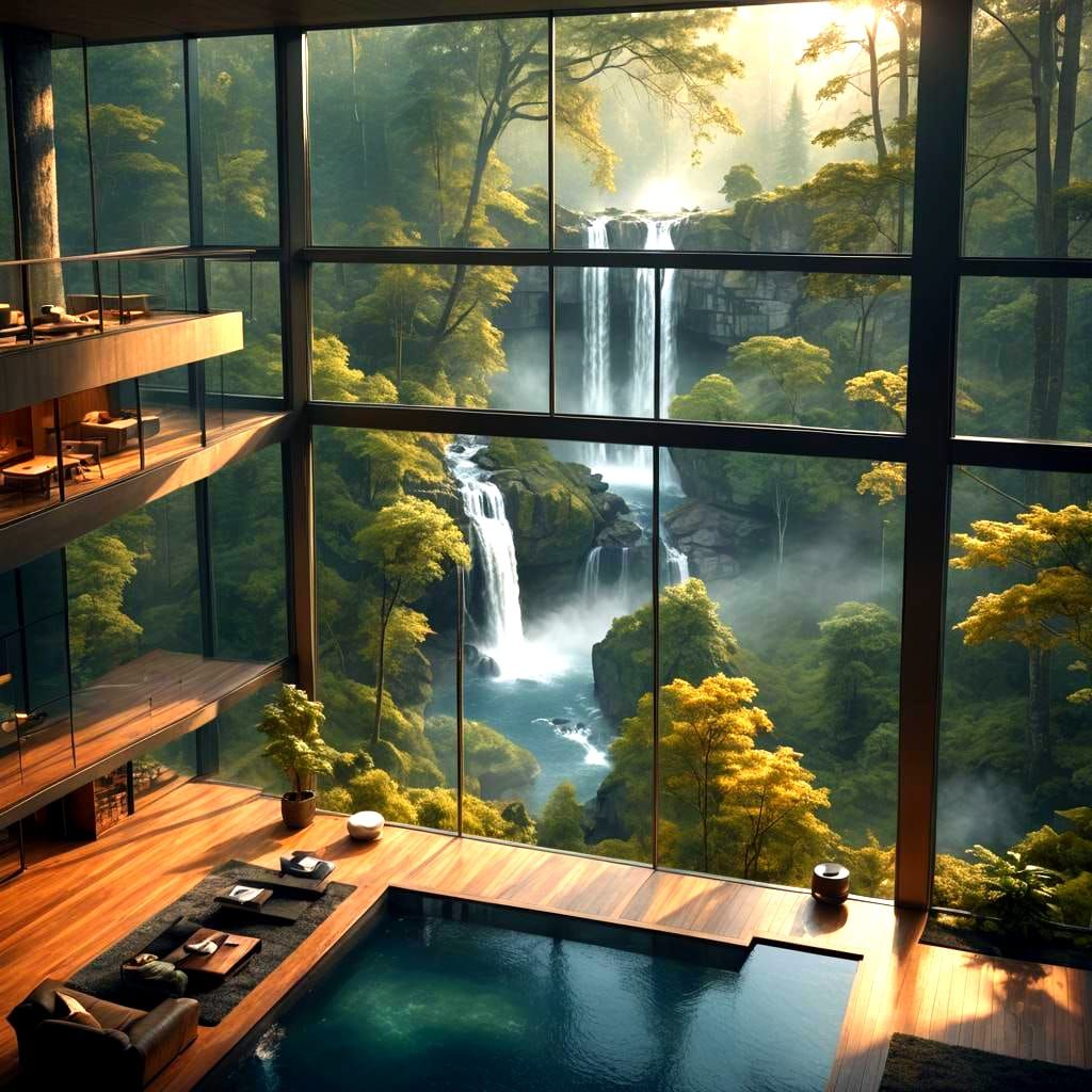 Minimalist Forest Home with Waterfall: Fantasy Concept Art