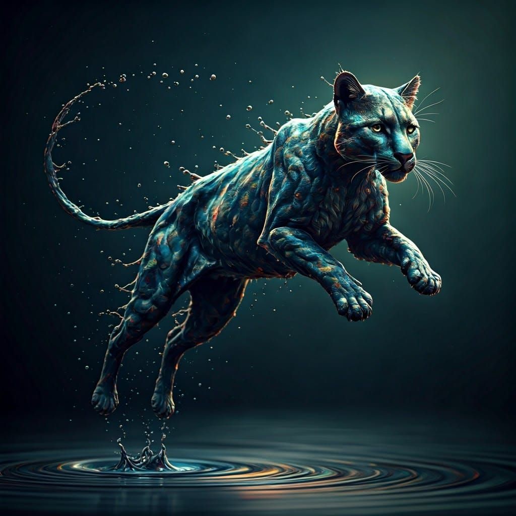 Water Droplets Form Majestic Puma Silhouette in Hyper-Realis...