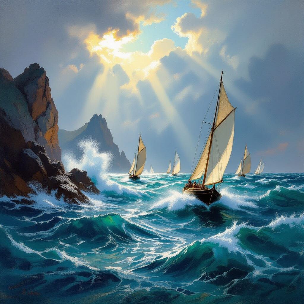 Turbulent Sea with Sailboats and Dramatic Lighting