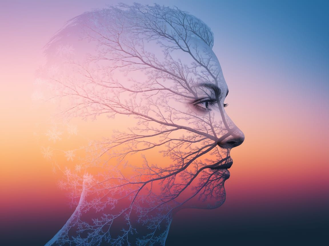 Surreal Face Merged with Frosty Winter Branches