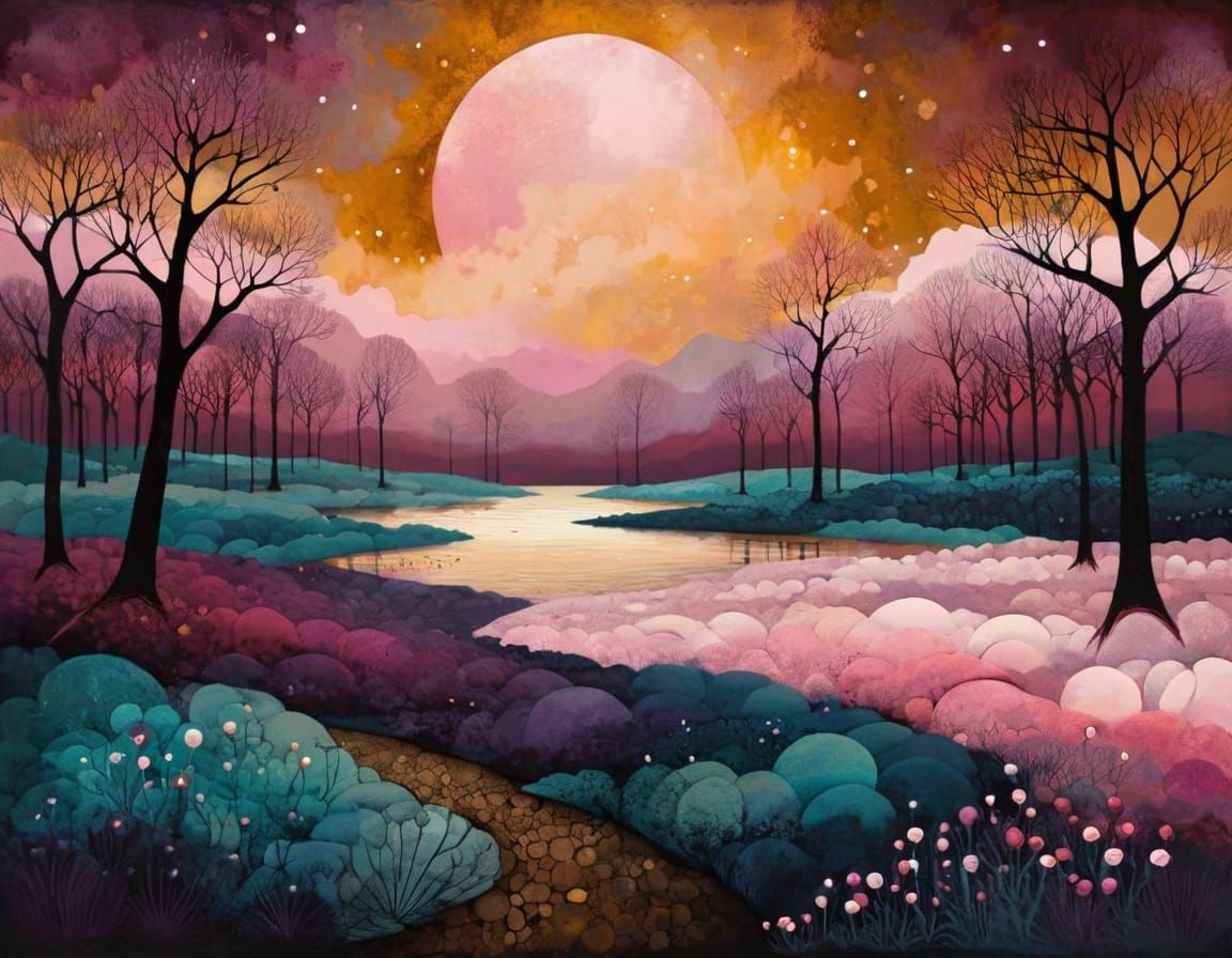 Atmospheric Landscape in Plum and Pink Hues