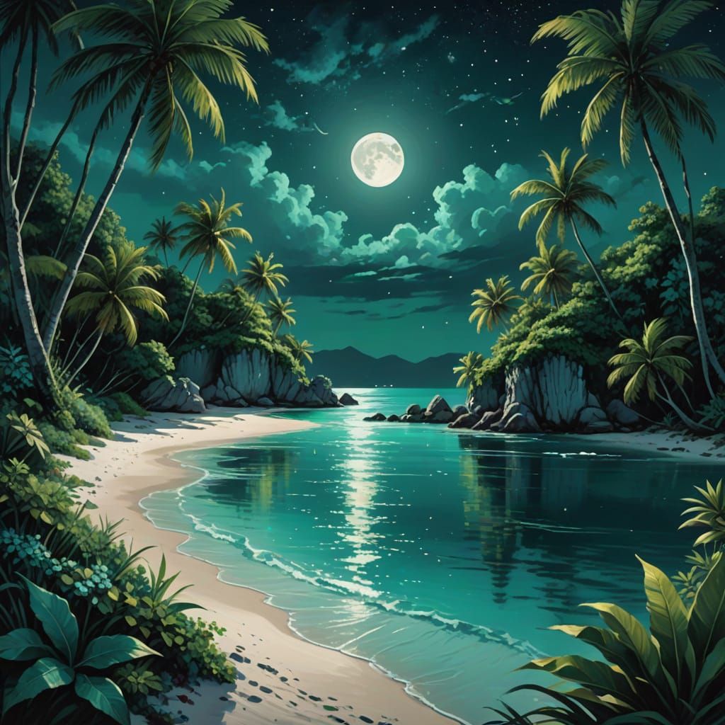 Moonlit Island Oasis in Lavish Digital Painting
