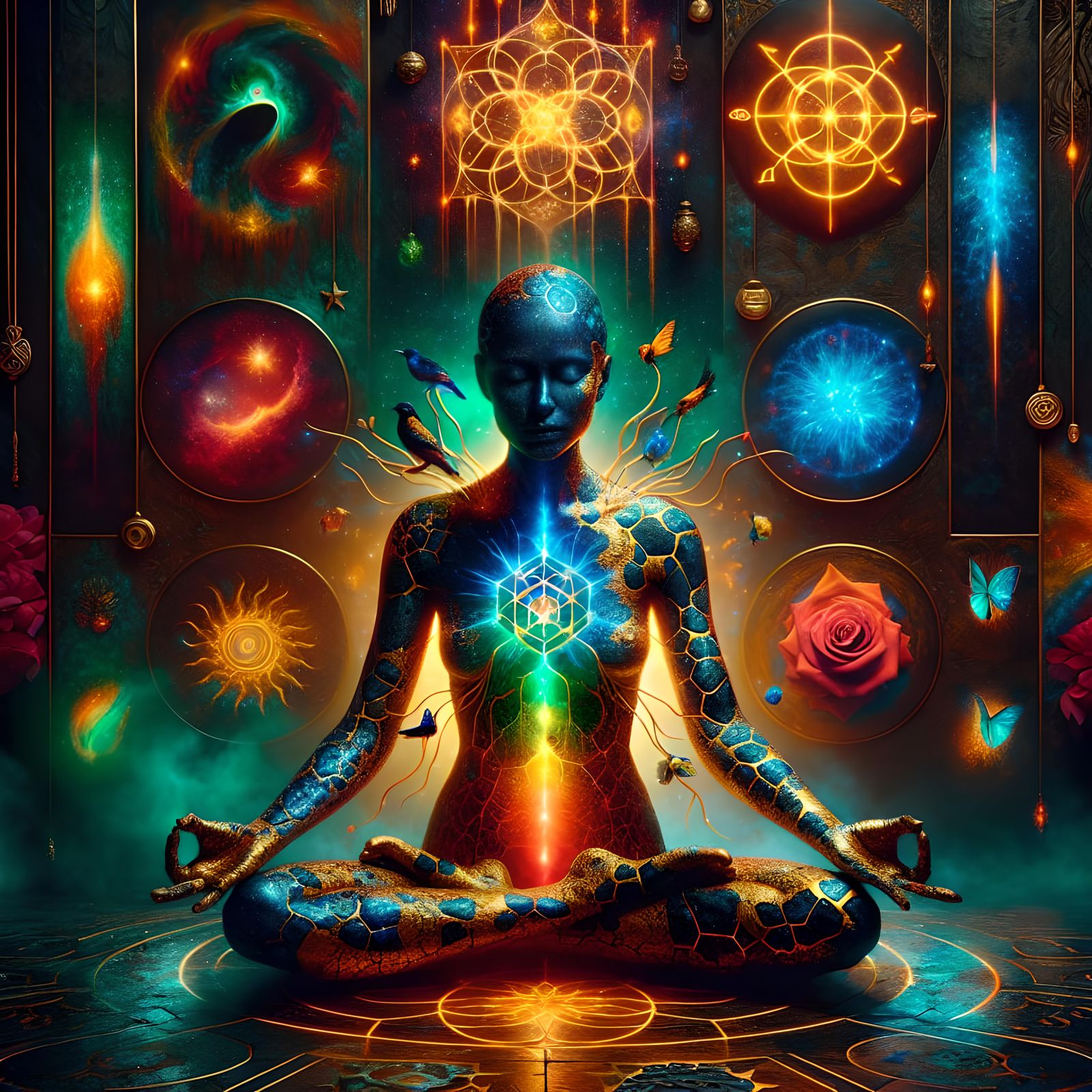 Ethereal Goddess Meditates in Surreal Rave Scene