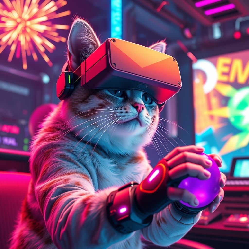 Cat Immersed in VR Game with Neon Holograms