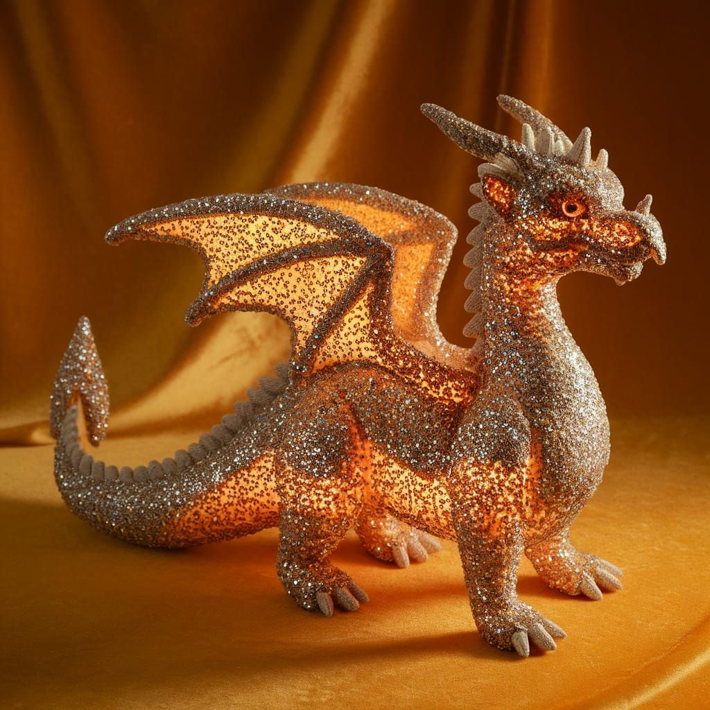Luxury Sequined Dragon Doll in Warm Ambient Lighting