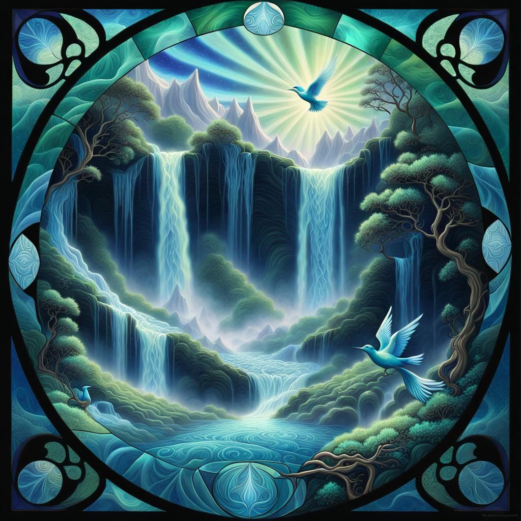 Waterfall Landscape with Fibonacci Bird Spiral in Art Nouvea...
