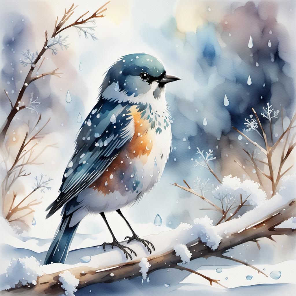 Winter Bird on Frosty Branch: Watercolor Illustration