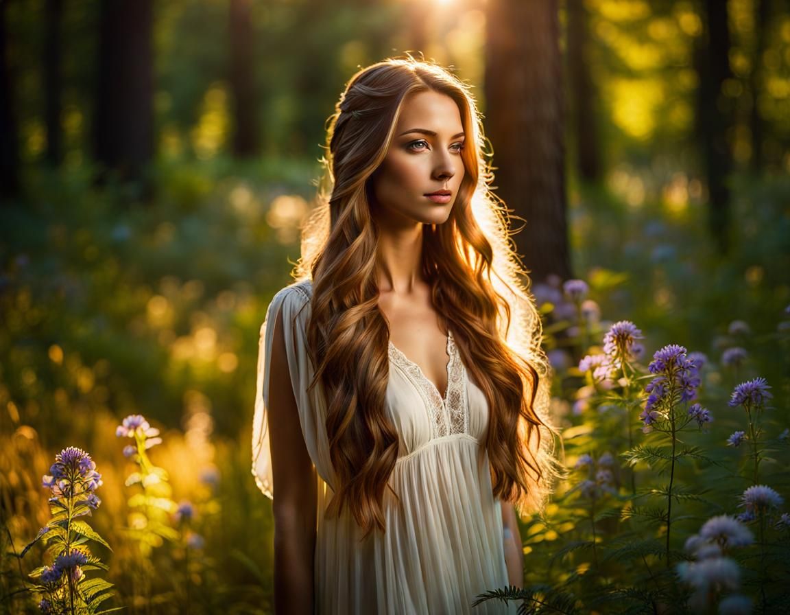 Young Woman in Sunlit Forest Clearing