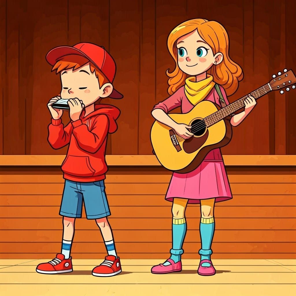 Cheerful Duo Performs in School Auditorium