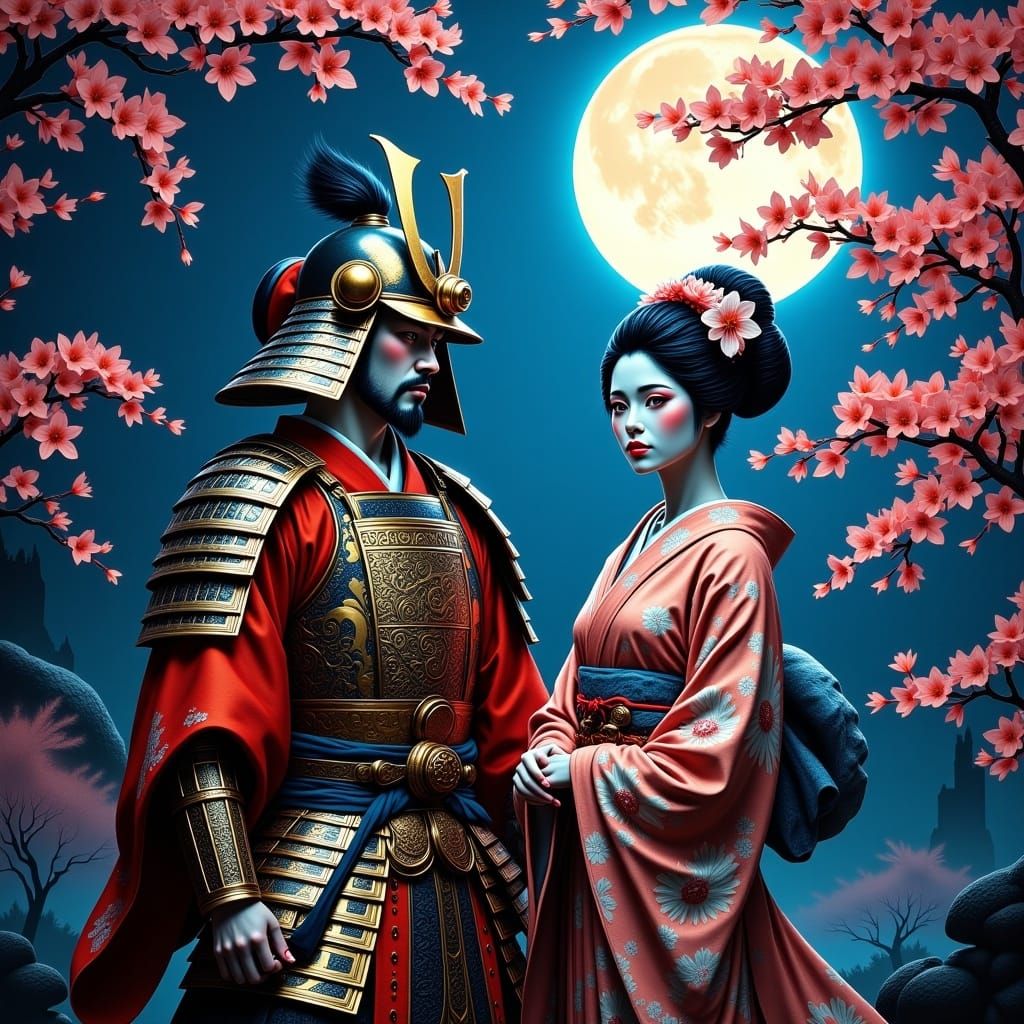 Samurai and Geisha in Moonlit Cherry Garden