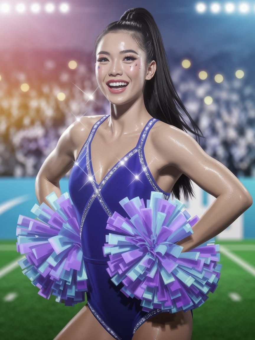 Exuberant Cheerleader with Pom-poms in Stadium Photo