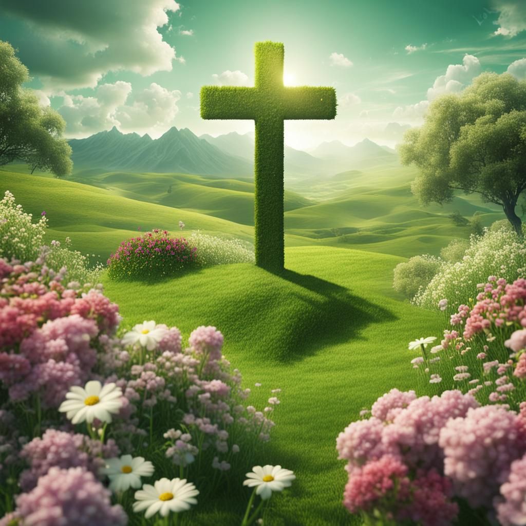 Floral Christian Cross in Green Landscape