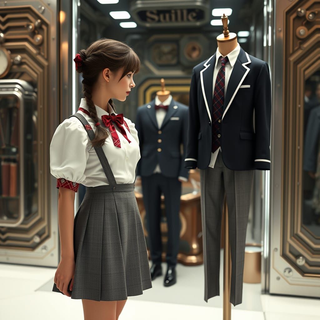 Futuristic Schoolgirl Inspects Male Uniform in High-Tech Set...