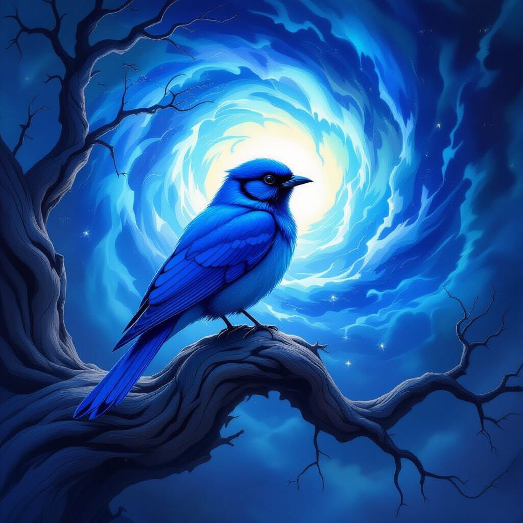 Majestic Blue Bird on Ancient Branch Amidst Magical Vortex