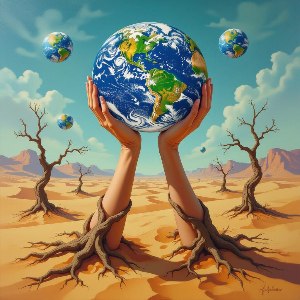 Surreal Desert Landscape with Woman-Shaped Branches and Soul...