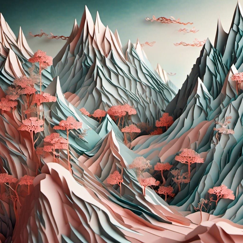 Paper Mountain Sculpture: Oriental Fantasy Digital Art