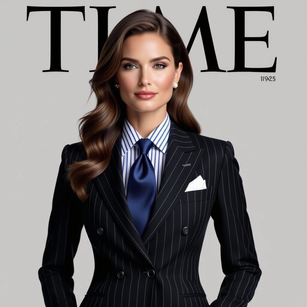 Commanding Woman on Time Magazine Cover in Pinstripe Suit