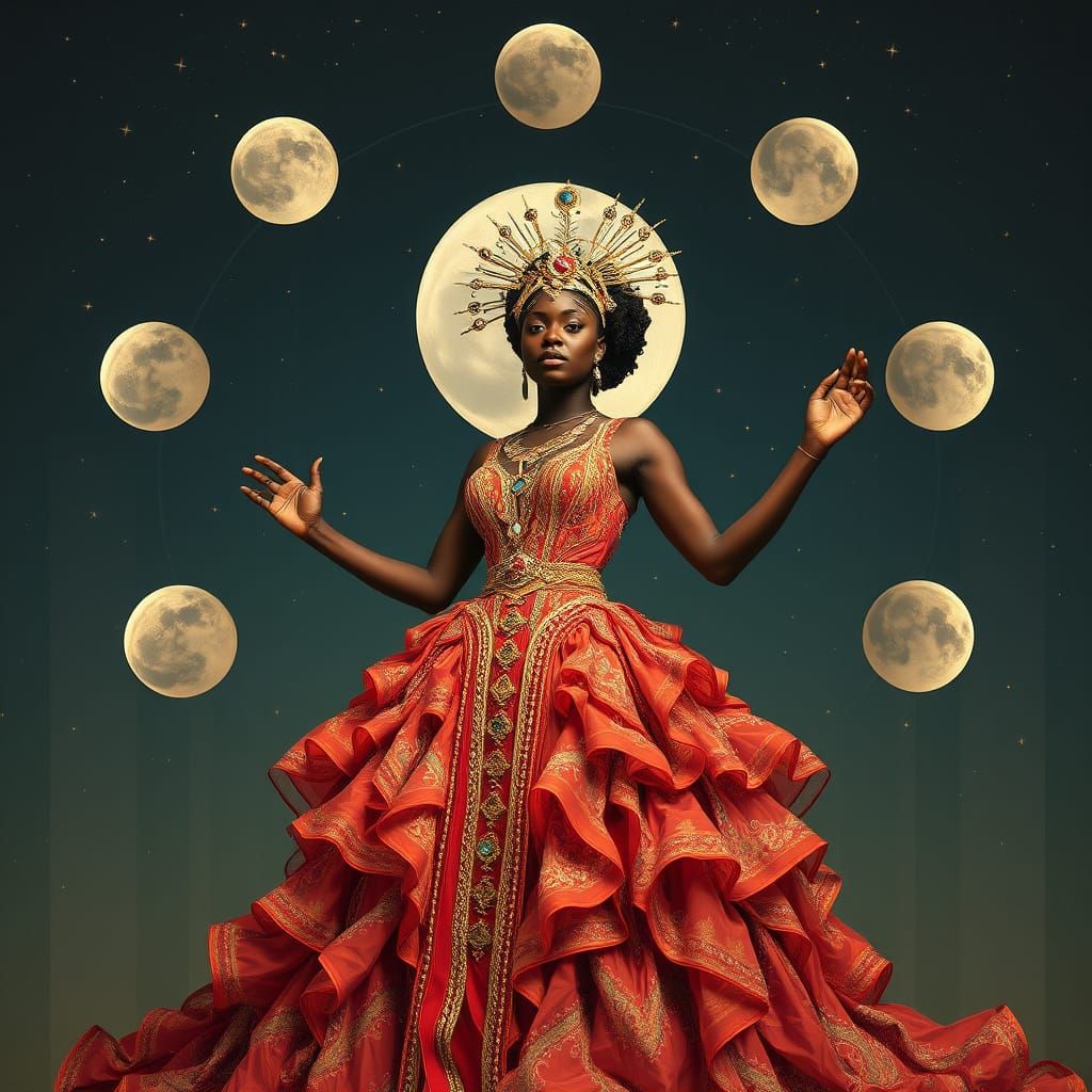 Celestial African American Moon Goddess in Afrofuturist Styl...