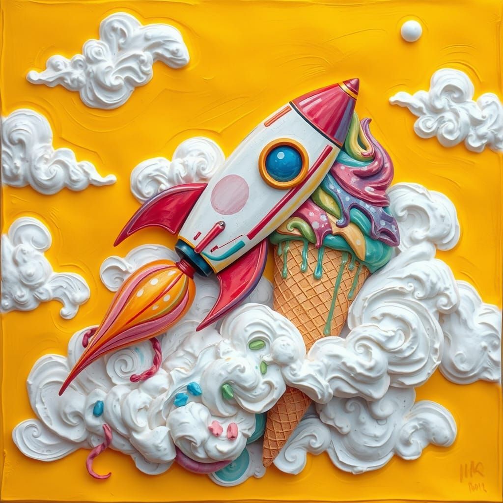 Whimsical Rocket in Dreamlike Summer Scene