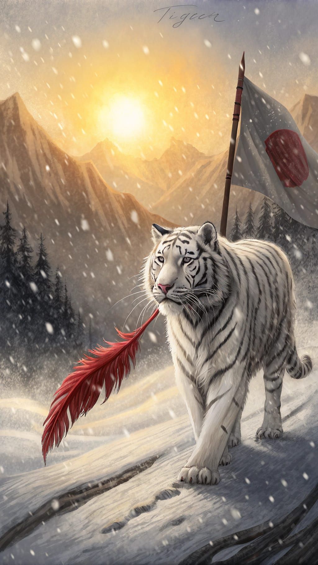 White Tiger in Snowstorm with Japanese Flag