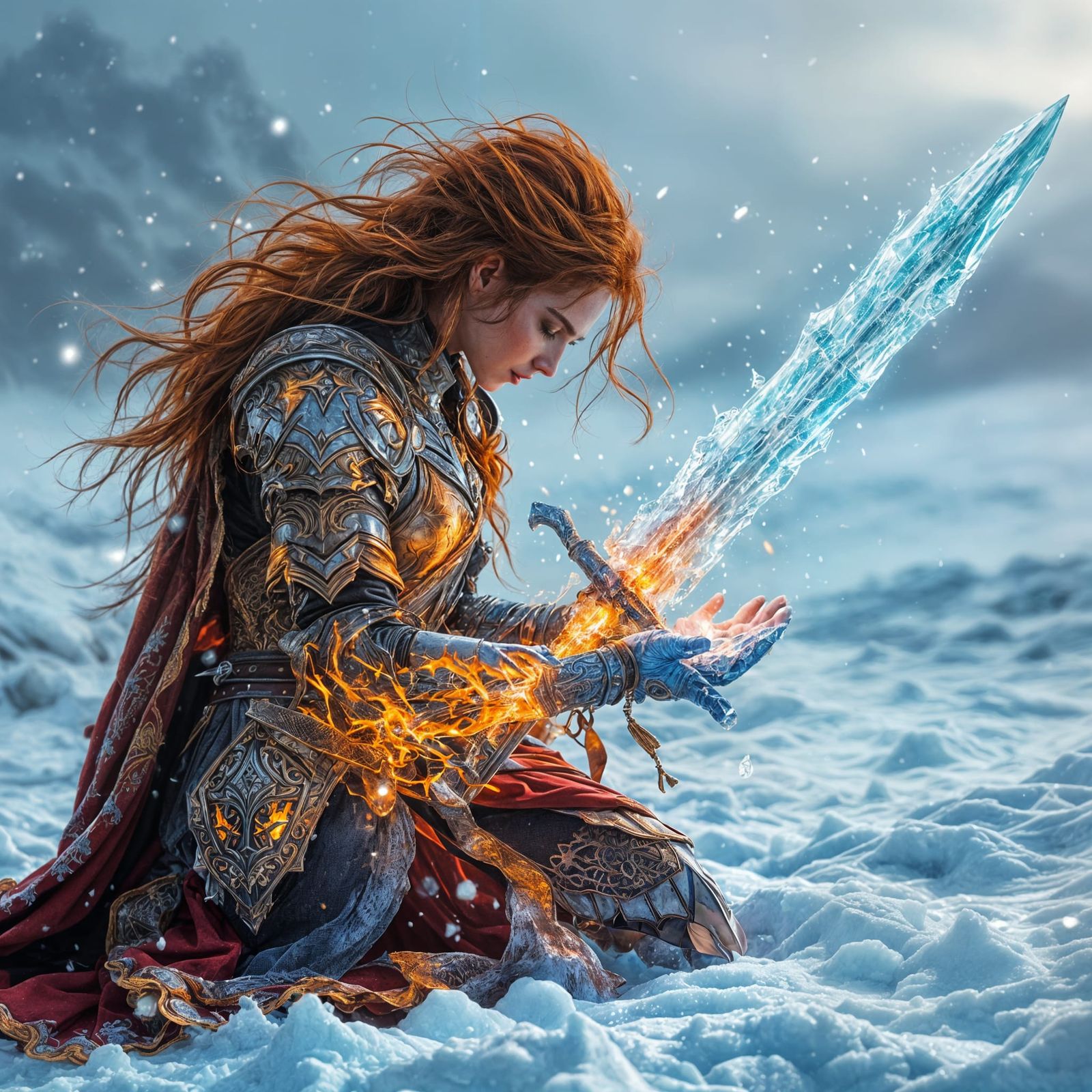 Fiery Female Knight Admires Glowing Ice Sword on Arctic Tund...