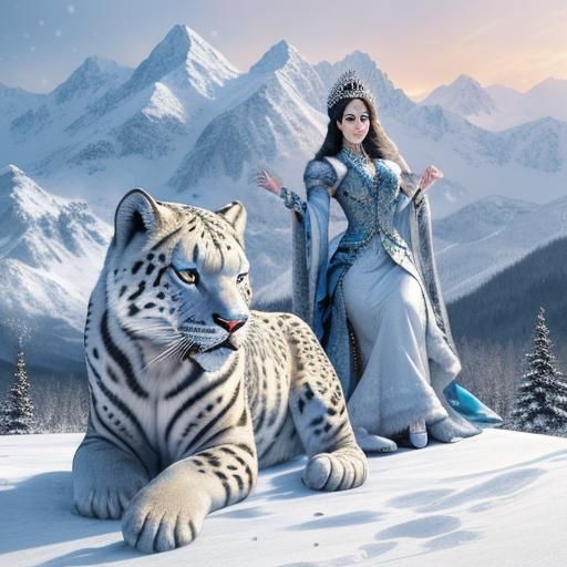 Asian Princess with Snow Panther in Snowy Mountains