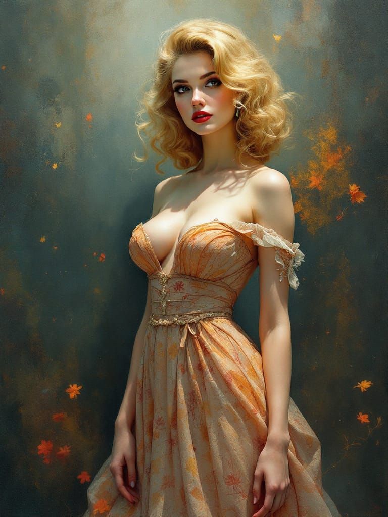 Blonde Pin Up Woman in Tonalist Oil Painting Style