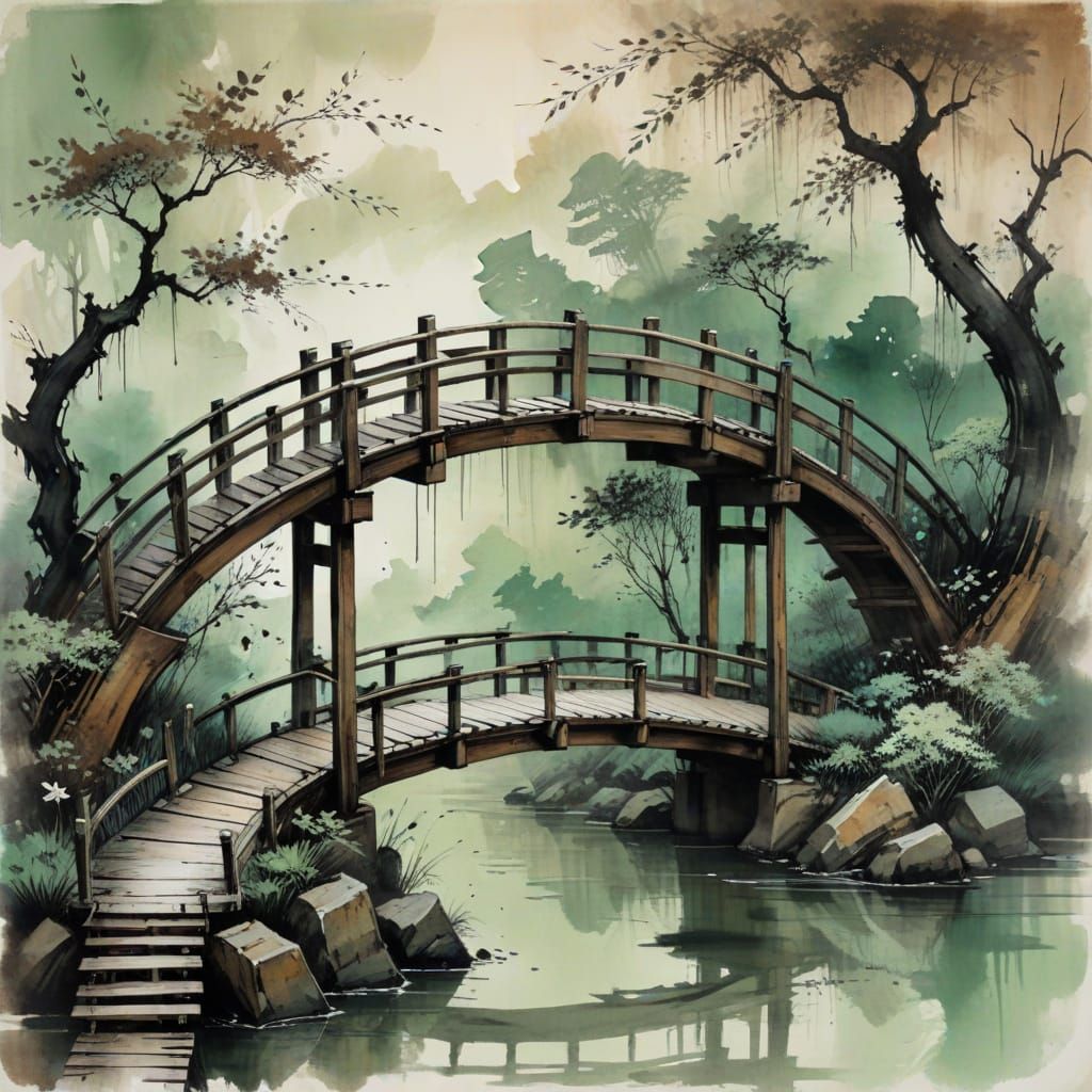 Antique Wooden Bridge in Chinese Ink Painting Style