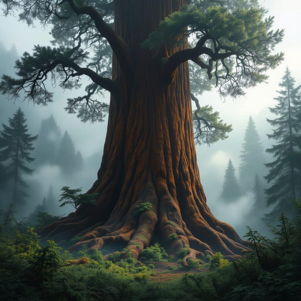 A majestic, ancient redwood tree stands in a misty forest