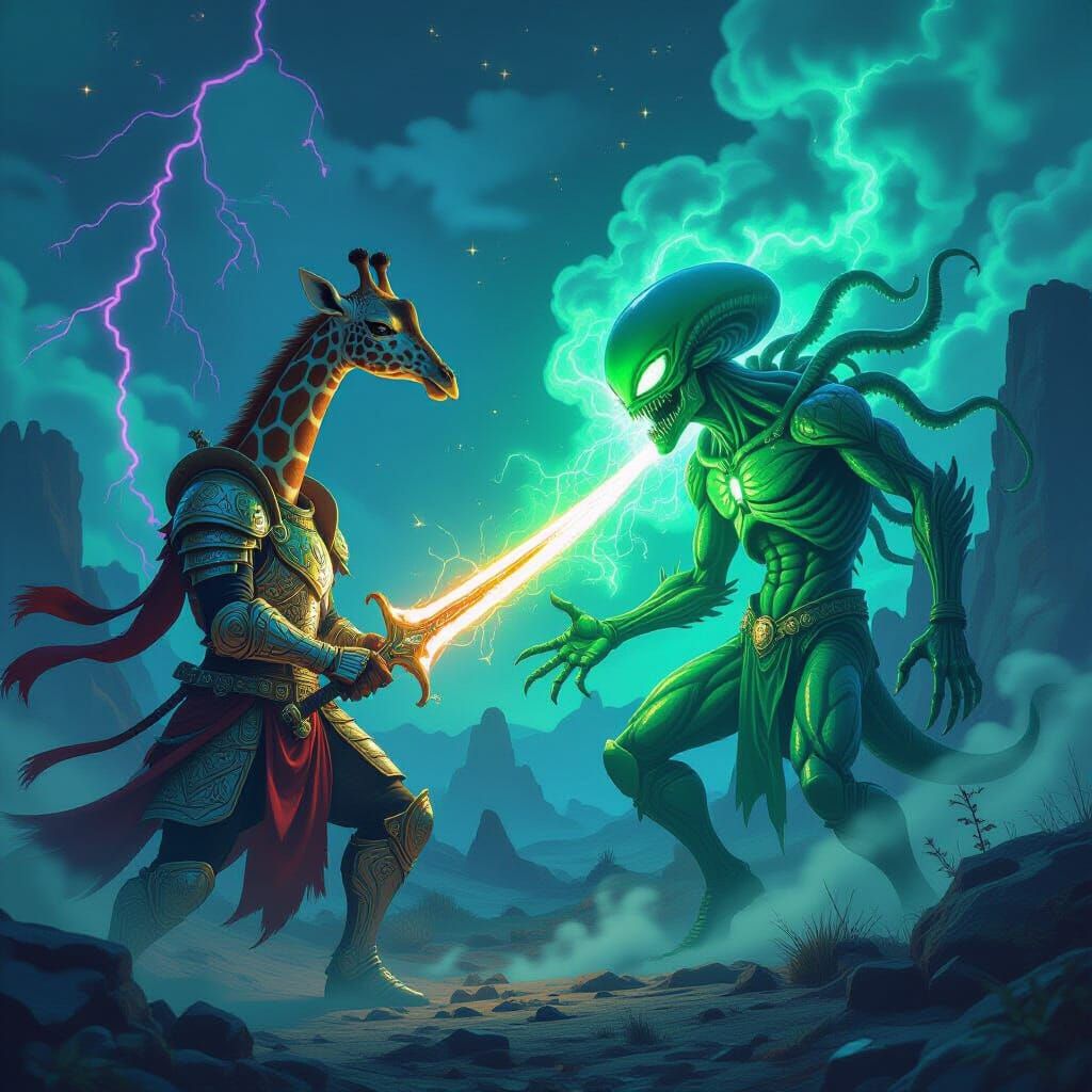 Giraffe Knight Battles Alien in Glitching Landscape