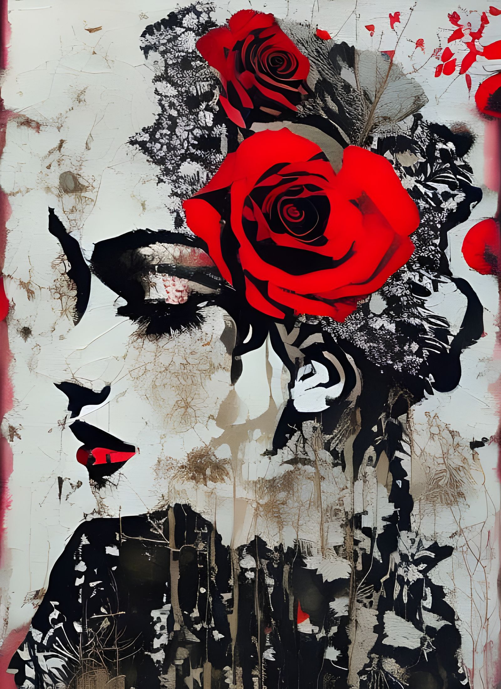 Double Exposure Woman with Roses, Mixed-Media Collage