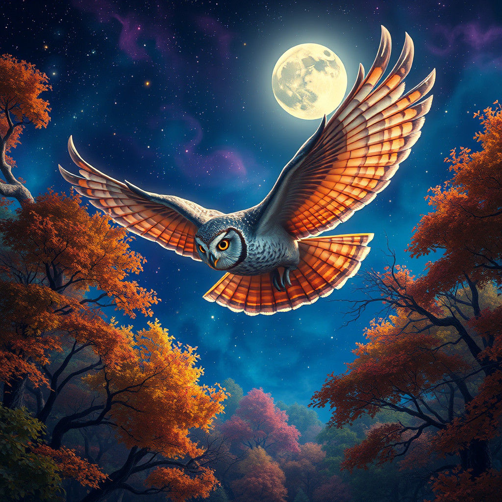 Magical Owl in Flight Under Starlit Autumn Sky