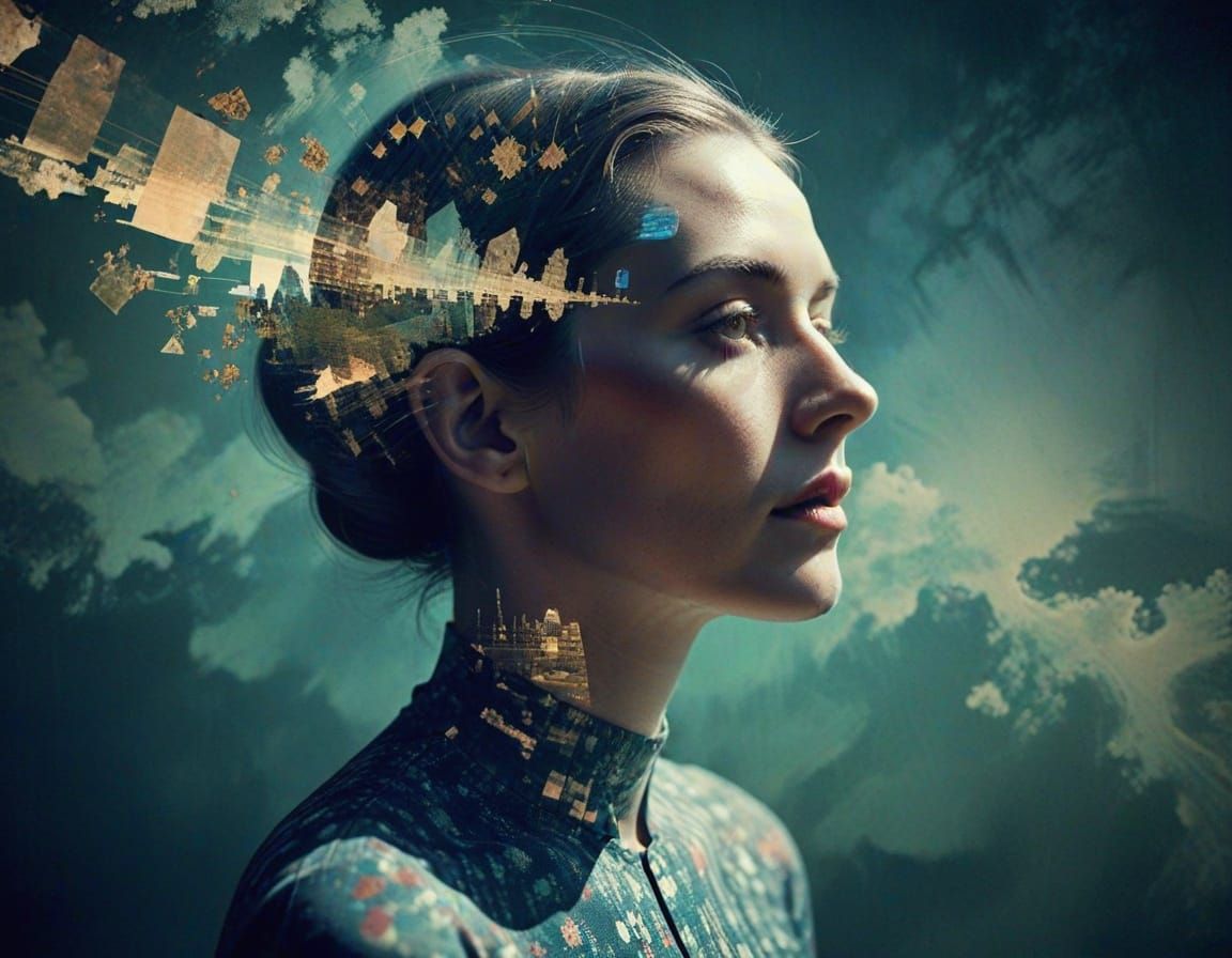 Cosmic Collage of a Woman with Glitch Effects