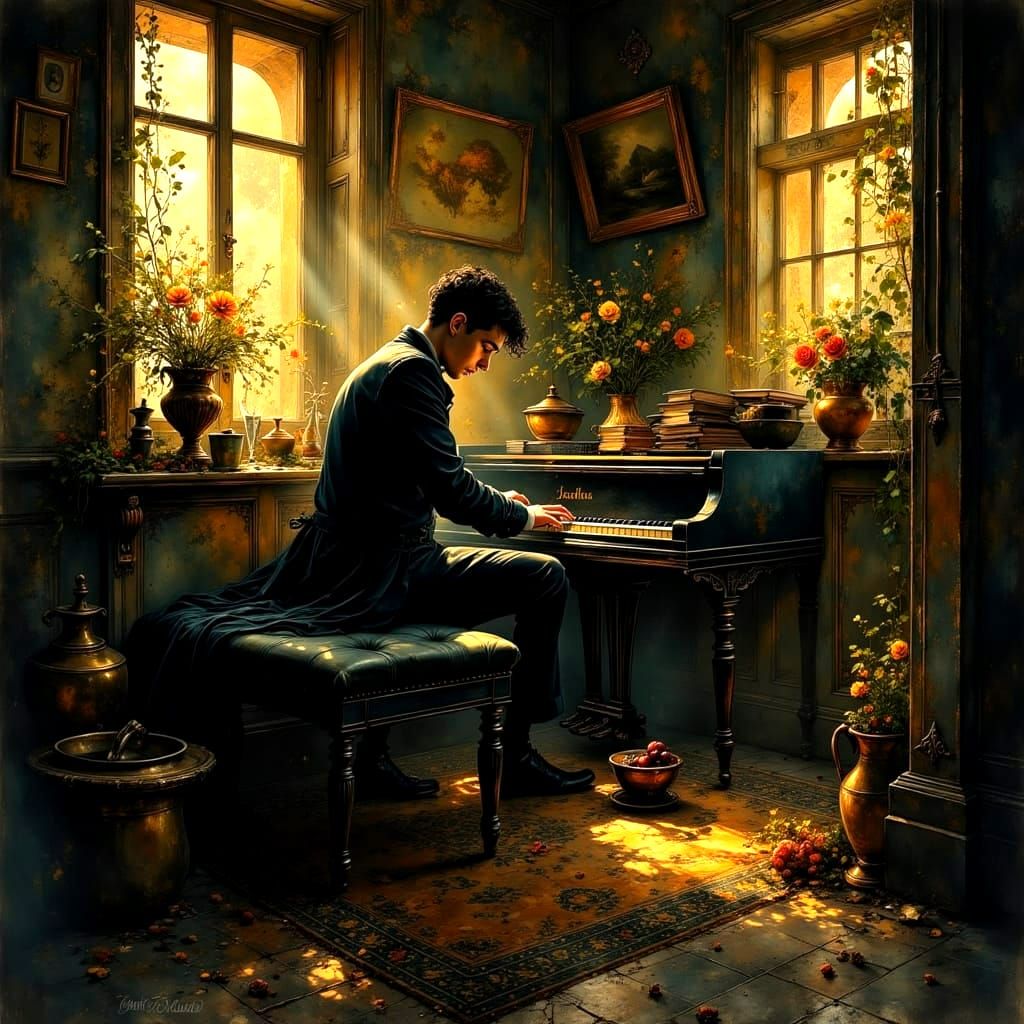Melancholic Piano Player in Dreamy Watercolor Style