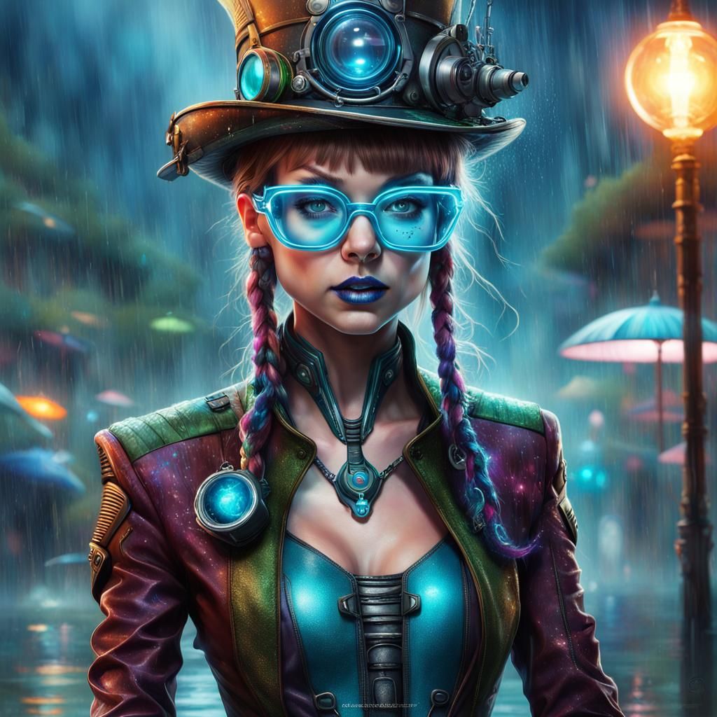 Steampunk Woman with Tron Glasses in Rainstorm