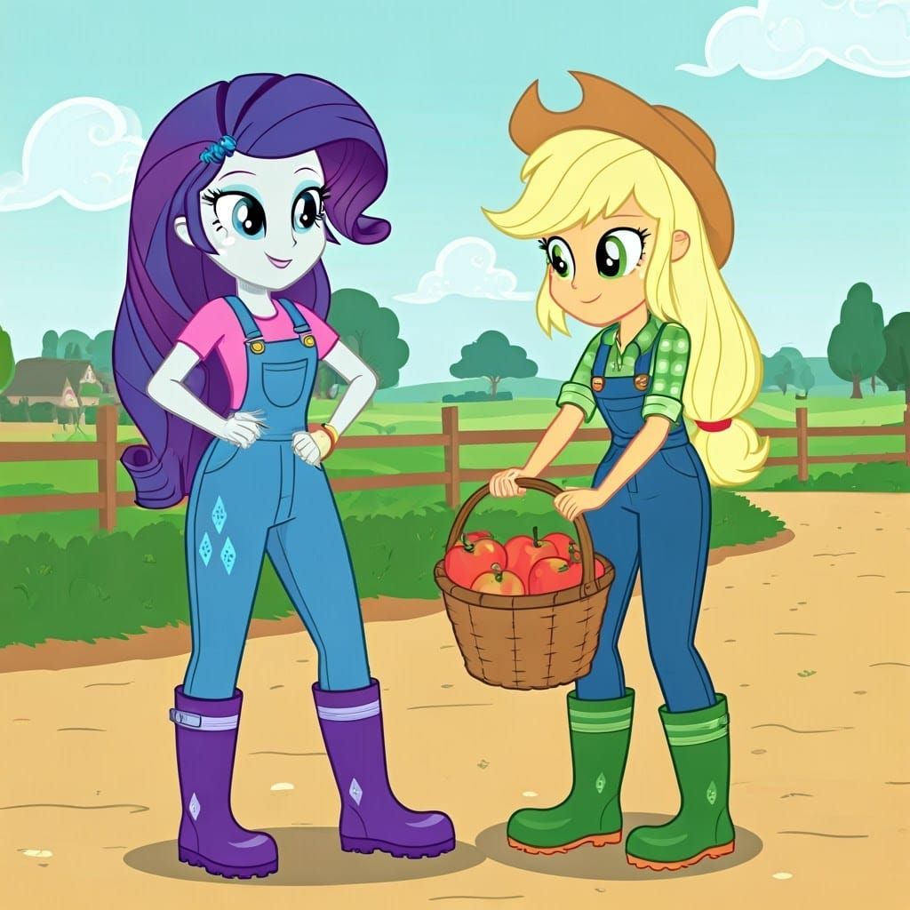 Rarity and Applejack Picking Apples at Sweet Apple Acres